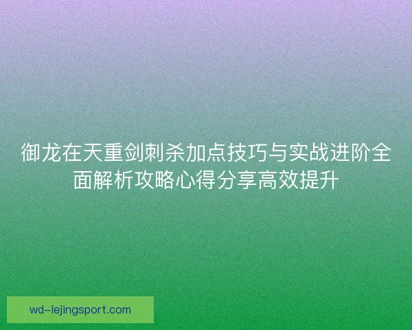 御龙在天重剑刺杀加点技巧与实战进阶全面解析攻略心得分享高效提升
